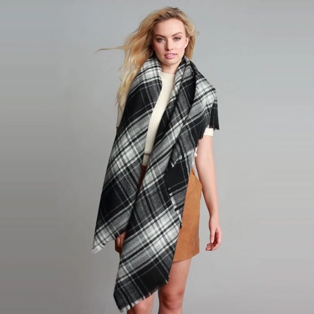 Black Grey and Green Ultra Plush Plaid Blanket Scarf - Picture 3 of 6
